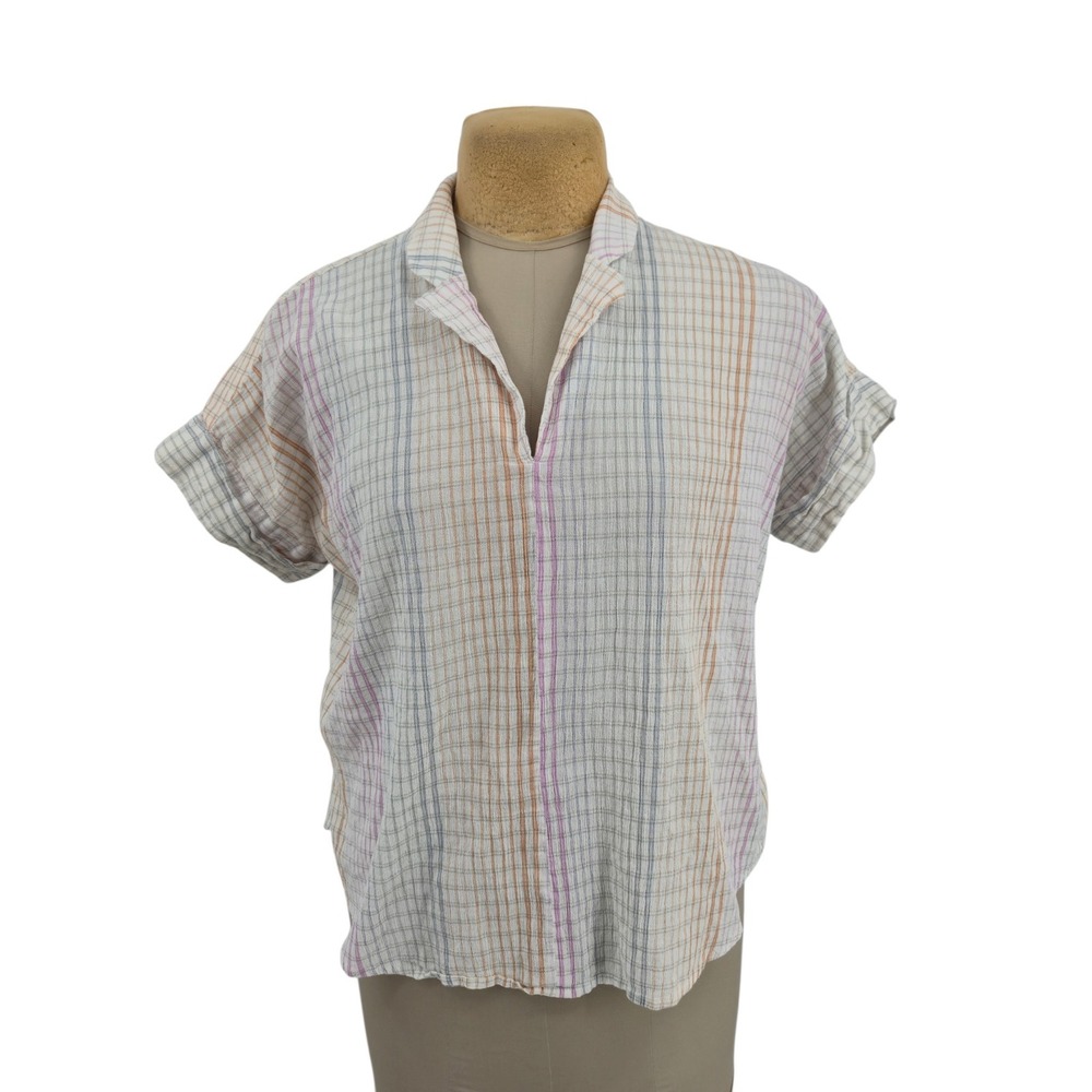 Madewell Plaid Short Sleeve Top Women Large Multicolor Cotton Gauze V-Neck